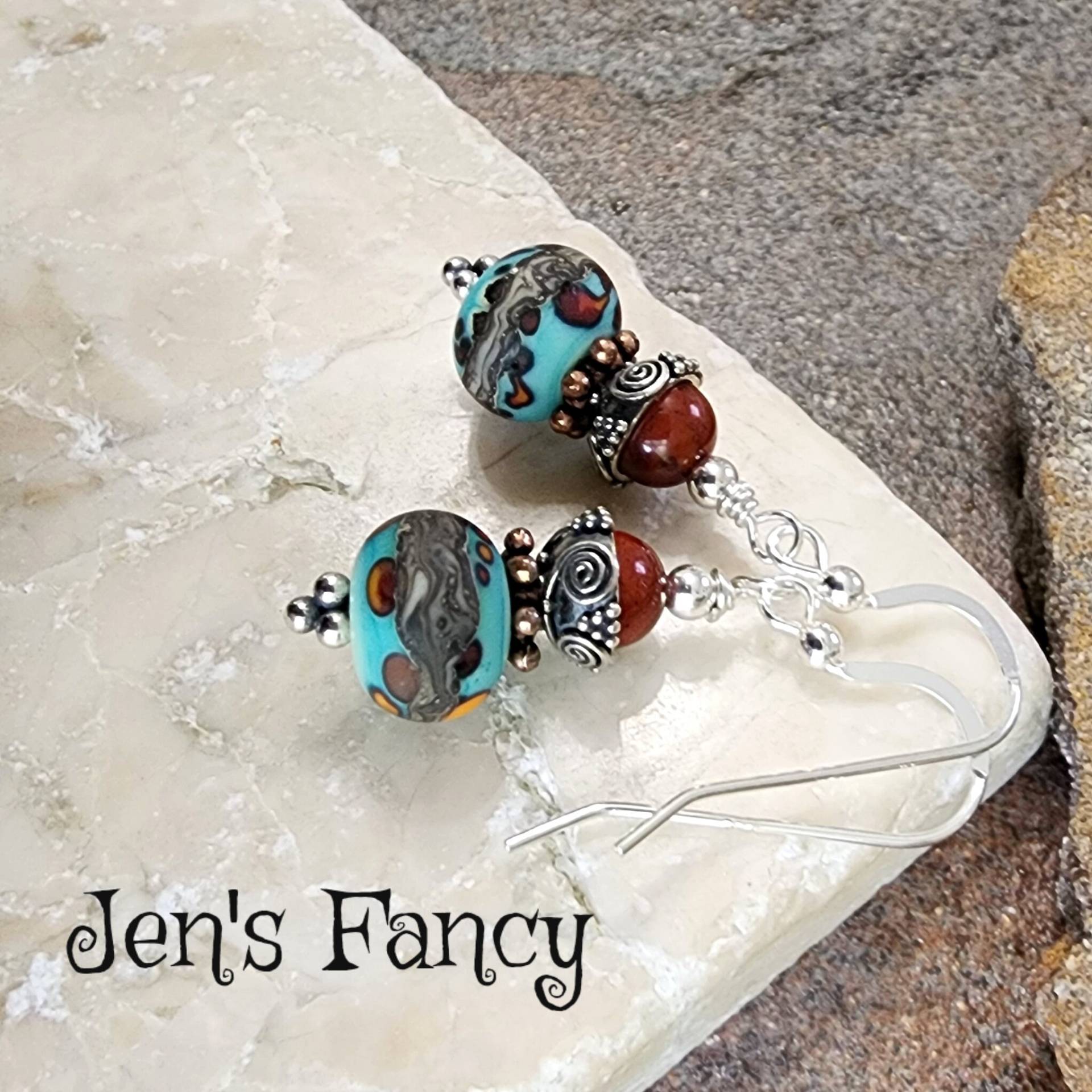 Türkisfarbene Glasohrringe, Roter Regenbogen-Jaspis & Bali Sterlingsilberschmuck, Einzigartiger Handwerklicher Schmuck Türkisfarbene Glasohrringe, Roter Regenbogen-Jaspis & Bali Sterlingsilberschmuck, Einzigartiger Handwerklicher Schmuck von JensFancy