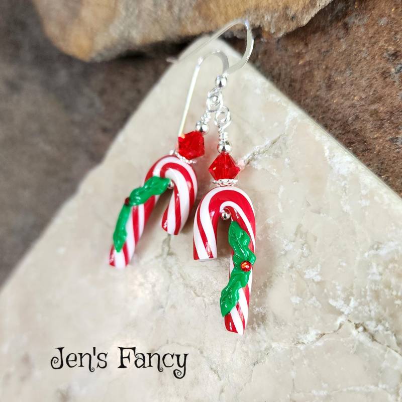 Zuckerstangen Ohrringe Sterling Silber, Handgefertigte Weihnachtsschmuck, Geschenk Für Lehrer von JensFancy