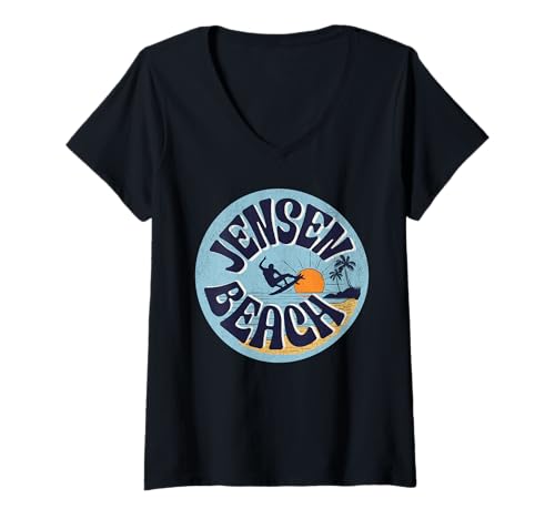Damen Jensen Strand T-Shirt mit V-Ausschnitt von Jensen Beach Florida Surfing Surf Ocean Vintage