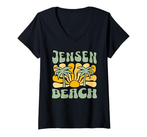 Damen Jensen Strand T-Shirt mit V-Ausschnitt von Jensen Beach Florida Surfing Surf Ocean Vintage