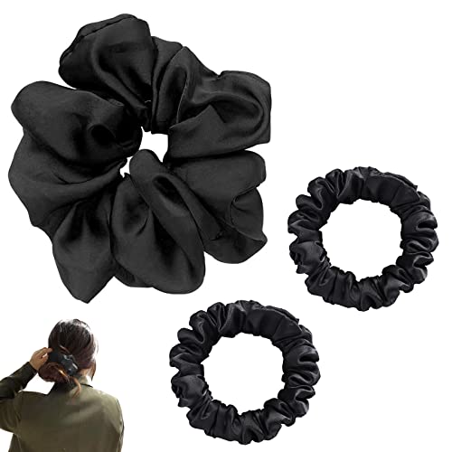 JeoPoom Seide Haargummi[3 Stück], 11cm und 6cm Seide Haare Ringe, für den Haarschmuck für Damen und Mädchen Pferdeschwanz zum Binden und Halten(Schwarz) von JeoPoom