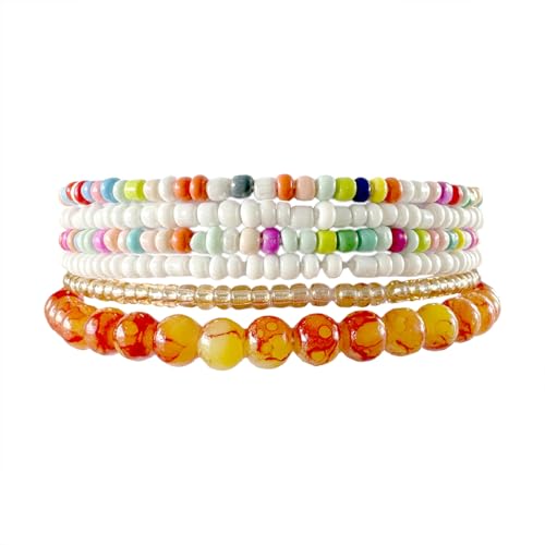 Jeolory Handgefertigtes buntes stapelbares Stretch-Armband im Bohemian-Stil, mehrlagig, orangefarbene Kunststoffperlen, Boho-Armreif für Damen Jeolory Handgefertigtes buntes stapelbares Stretch-Armband im Bohemian-Stil, mehrlagig, orangefarbene Kunststoffperlen, Boho-Armreif für Damen von Jeolory