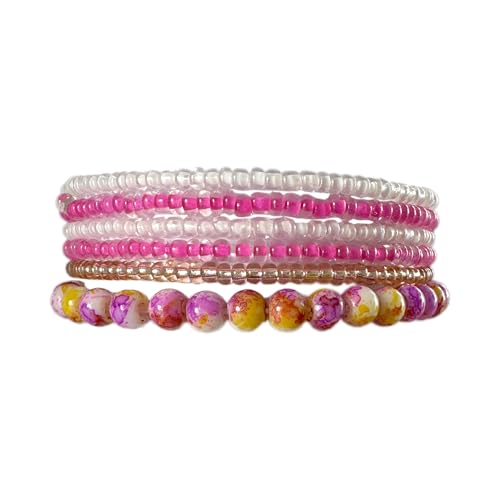Jeolory Handgefertigtes buntes stapelbares Stretch-Armband im Bohemian-Stil, mehrlagig, pinkfarbene Kunststoffperlen, Boho-Armreif für Damen Jeolory Handgefertigtes buntes stapelbares Stretch-Armband im Bohemian-Stil, mehrlagig, pinkfarbene Kunststoffperlen, Boho-Armreif für Damen von Jeolory