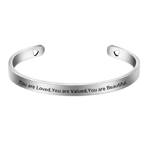 Jeolory Personalisierbarer, verstellbarer Edelstahl-Armreif mit Gravur "You are Loved", Freundschaftsgeschenk, offener Armreif, Handgelenkmanschette für Damen und Herren Jeolory Personalisierbarer, verstellbarer Edelstahl-Armreif mit Gravur "You are Loved", Freundschaftsgeschenk, offener Armreif, Handgelenkmanschette für Damen und Herren von Jeolory