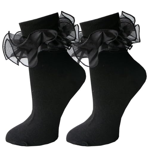 Jeorywoet 2 Paare Rüste Socken Frauen weiche Rüste Socken mit eleganten Spitzenkanten-Knöchellänge Rüschensocken für Partys oder tägliche Verschleiß von Jeorywoet