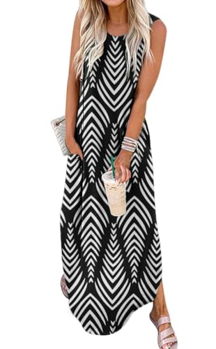 Damen Lose Sommerkleid Langes Kleid Ärmellos Split Maxikleider 2025 Sommer Strandkleid mit Taschen, C-Schwarz mit weißen Streifen, X-Groß von Jeqeocafy