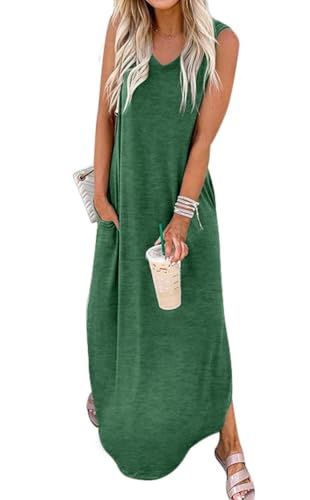 Damen Lose Sommerkleid Langes Kleid Ärmellos Split Maxikleider 2025 Sommer Strandkleid mit Taschen, V-Grün, Mittel von Jeqeocafy