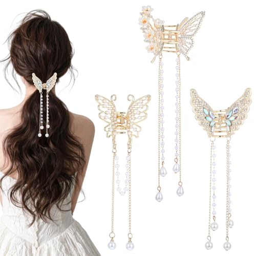 3 Stück Haarspange Schmetterling, Haarklammer Gold Haarklammer Schmetterling Haarspangen Mädchen, Butterfly Haar Klammer Haaraccessoires Claw Clip für Frauen und Mädchen(Lange Perlenketten) von Jeqqinuz