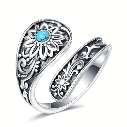 JerMrasra Spoon Rings Vintage Ethno Floral Ring | Turquoise Imitation Adjustable Ring | Fashion Design Statement Ring for Women 7 von JerMrasra