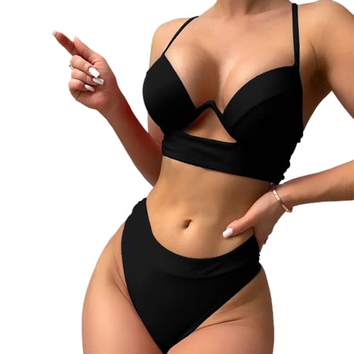 Jerany Schwarzes Bikini-Set, sexy Badeanzug für Damen, Stahlhalter, Bikinioberteil und Unterteil, Bademode, gepolsterter Badeanzug für Mädchen, Schwarz, S von Jerany