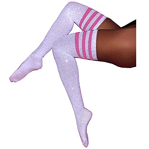 Jerany Strass Overknee Strümpfe Warme Baumwolle Oberschenkelhohe Socken Cheerleader Socken für Damen und Mädchen, Pink, Einheitsgröße von Jerany
