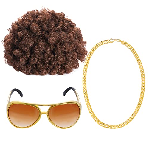 3er 70er 80er Jahre Perücke Disco Hippie Kostüm Set Afro Perücke Sonnenbrille Halskette für 50s/60s/70s Cosplay Halloween Kostüm Thema Party onesize von jerbro