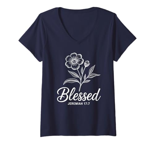 Damen Jeremia 17 7 Christian Faith Floral Scripture T-Shirt mit V-Ausschnitt von Jeremiah 17 Christian Gifts for Women