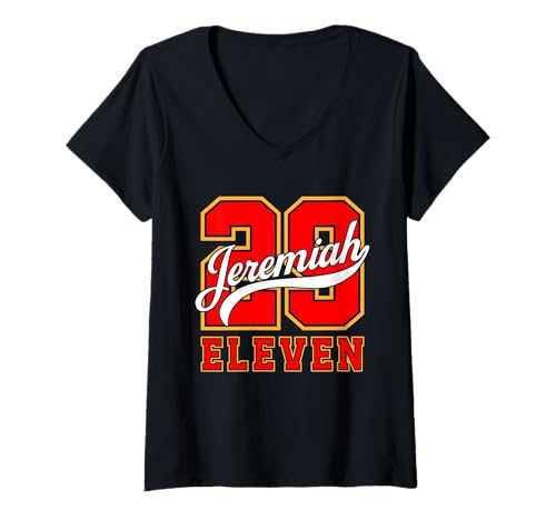 Damen Vintage Sports Thema Jeremia 29:11 Faithwear Christian Look T-Shirt mit V-Ausschnitt Damen Vintage Sports Thema Jeremia 29:11 Faithwear Christian Look T-Shirt mit V-Ausschnitt von Jeremiah 29:11 Christian Jersey Style Apparel