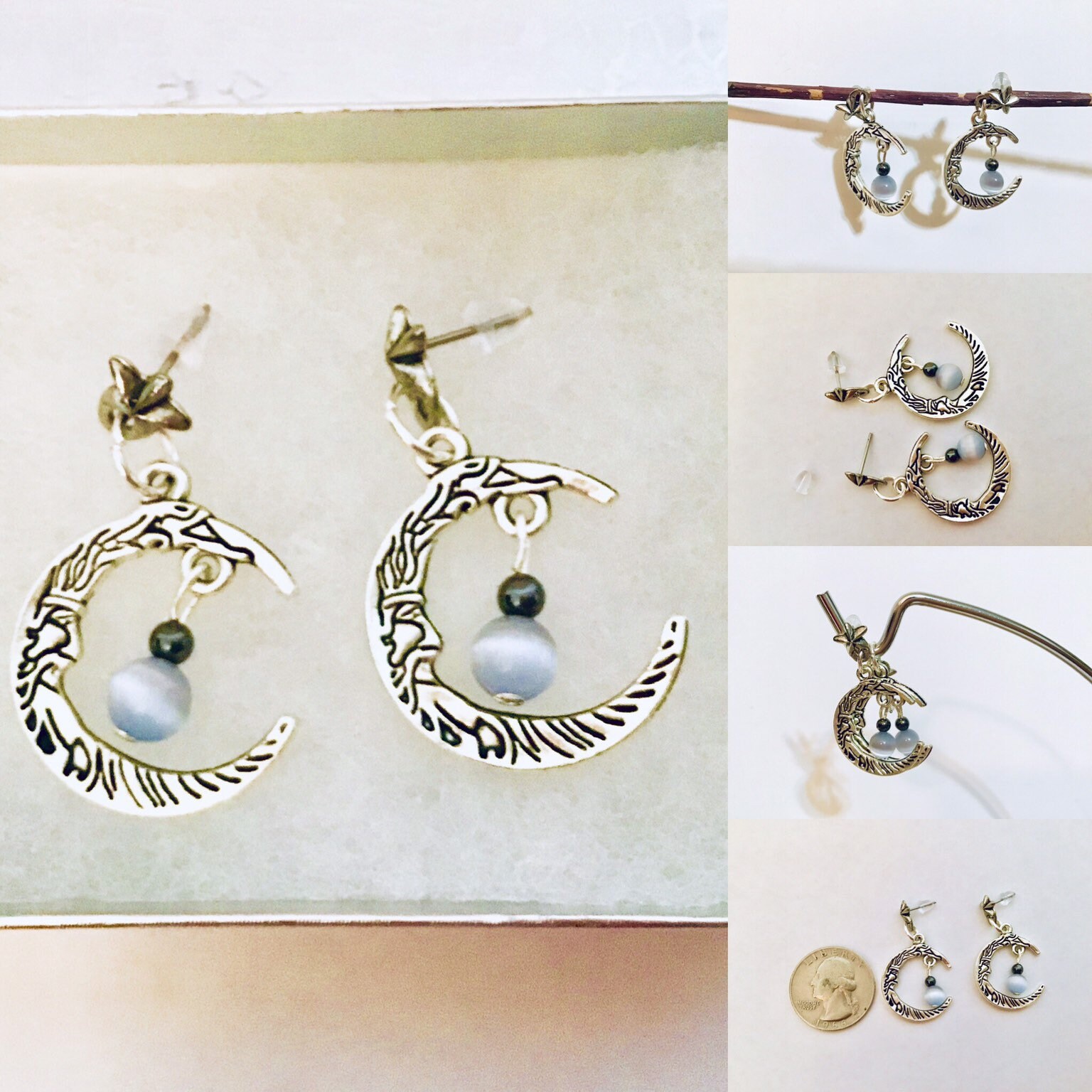 Handgemachte Mondohrringe, Neumond, Mann Im Mond, Himmelskörper, Astrologie, Astronomie, Sterne Und Monde, Nachthimmel, Mond Mit Perlen von JeriAielloartstore