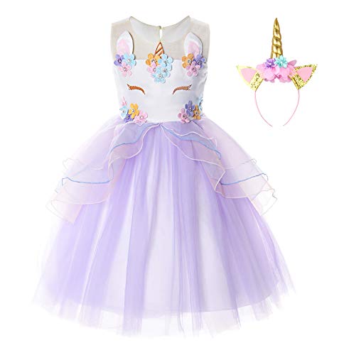 JerrisApparel Mädchen Einhorn Blume Kostüm Hochzeit Party Prinzessin Kleid (120, Lila) von JerrisApparel