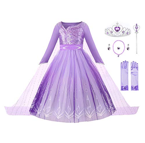 JerrisApparel Mädchen Prinzessin Kostüm Paillette Schnee Party Halloween Verkleidung (6 Jahre, Violett Mit Zubehör) von JerrisApparel