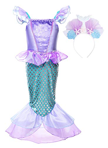 JerrisApparel Mädchen Prinzessin Meerjungfrau Kostüm Halloween Party Kleid (Lila mit Stirnband, 120) von JerrisApparel