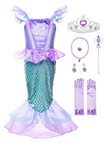 JerrisApparel Mädchen Prinzessin Meerjungfrau Kostüm Halloween Party Kleid (Lila mit Zubehör, 110) von JerrisApparel