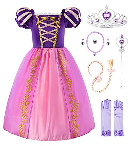 JerrisApparel Mädchen Prinzessin Verkleidung Kinder Puffärmel Cosplay Party Kostüm (4 Jahre, Violett mit Zubehör) von JerrisApparel