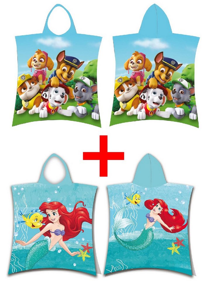 Jerry Fabrics Kinderbademantel Paw Patrol + Arielle die Meerjungfrau Badeponcho 50x115cm 2er-Set, 100 % Baumwolle von Jerry Fabrics