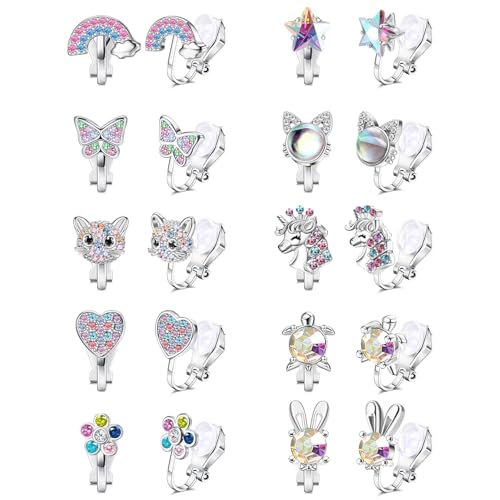JeryWe 10 Paar Niedliche CZ Ohrclips für Frauen Mädchen Hypoallergen Herz Schmetterling Blume Tiermotive Clip On Ohrringe Ohne Ohrlöcher Schmuck Set Mehrfarbig von JeryWe