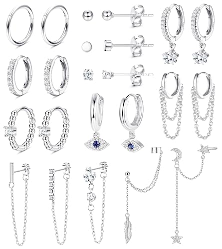 JeryWe 11 Paar Ohrringe Creolen Set für Damen Evil Eye Böses Auge Baumelnde Reif-Ohrringe Stern CZ Bar Kugel Kettenohrring Baumeln Mini Creolen Anhänger Edelstahl Kleine Ohrstecker Set（Silber） von JeryWe