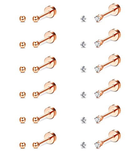 JeryWe 12 Paare Damen 20G Klein Knorpel Ohrringe Ohrstecker Set Herren Mädchen Edelstahl Knorpel Ohrstecker Ohrpiercing CZ Runde Kugel Flache Rückseite Ohrringe Set 2mm Hypoallergenic rosegold von JeryWe