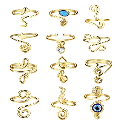 JeryWe 12 Stück Offenen Zehenringe für Frauen Mädchen Verstellbare Gelenk Finger Ringe CZ evil eye Stern Knuckle Ring Set Hypoallergen Strand Fußschmuck Geschenke Gold von JeryWe