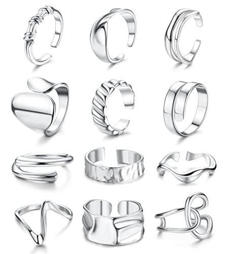 JeryWe 12PCS Offene Ringe Set für Damen Frauen Midi Verstellbare Fingerringe Silber Knöchel Ringe Set Niedliche Minimalistisch Klobig Stapelringe von JeryWe
