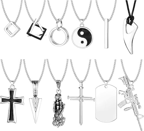 JeryWe 12Pcs Cool Goth Halskette Set für Männer Junge Schwarz Silberne Halskette Schmuck Geschenke Funky Kreuz Hundemarke Yin Yang Dreieck Anhänger Kette Halskette Set von JeryWe