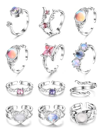 JeryWe 12Pcs Y2k Ringe Set für Frauen Grunge Schmuck Silber einstellbar offener Ring Mondstein Perle Herz niedlich Gothic Goth Ästhetik Y2k Zubehör Stacking Ringe Set Stil B von JeryWe