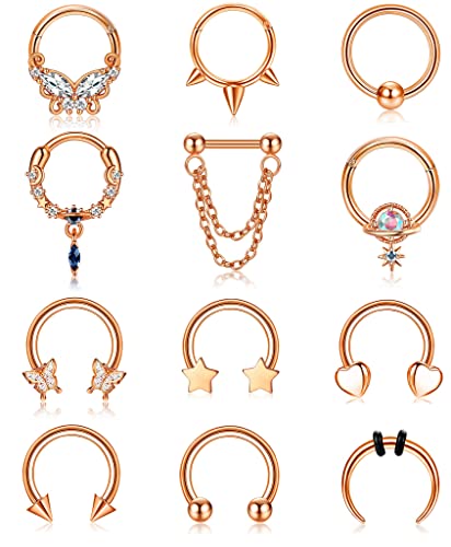 JeryWe 12Stk 16G Septum Piercing Chirurgenstahl für Damen Hängende Nasenringe mit Scharnier Stern Herz Hufeisen Daith Tragus Helix Knorpel Ohr Dangle Nasenpiercing Septum Piercing Schmuck（Roségold） von JeryWe