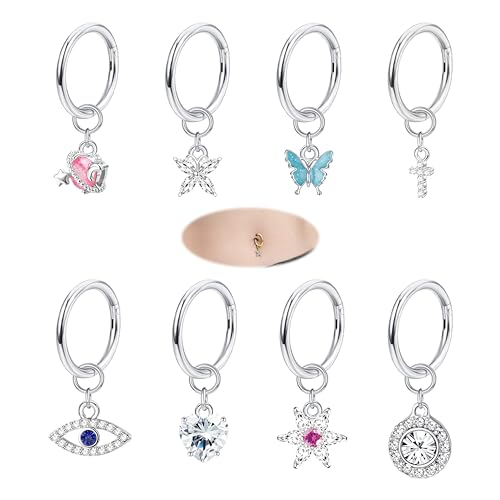 JeryWe 14G 8STK Bauchnabelpiercing Ring für Damen Chirurgenstahl Bauchnabelpiercing CZ Schmetterlinge Blumen Kurze Dangly Nabelpiercing Helix Conch Tragus Ohr Piercing Körper Piercing Silber von JeryWe