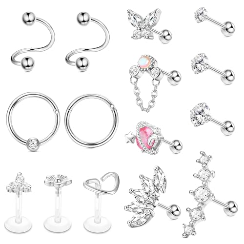 JeryWe 15 Stück 16G Chirurgenstahl Knorpel Ohrringe für Frauen Knorpel Ohrstecker Knorpel Hoop Ohrringe Hypoallergen Septum Ringe Tragus Conch Daith Helix Piercings Schmuck S von JeryWe