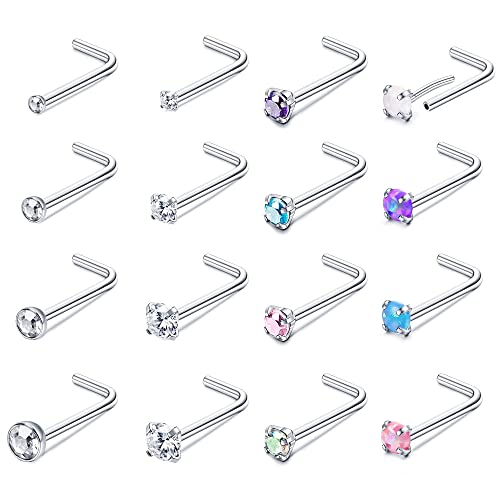 JeryWe 16 Stück Nasenstecker Pack für Damen Herren 316L Edelstahl Push In Nasenpiercing Helix Tragus Piercing mit CZ Opal L-Form Körper Piercing Push Pin Nostril Ohrring Piercing Bars Set 20G von JeryWe