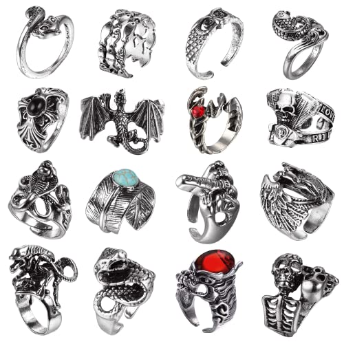 JeryWe 16 Stück Vintage Punk Ringe für Frauen Männer Gothic Ringe Schlange Drache Eule Totenkopf Ringe Hippie Biker Ringe Einstellbare Ringe Set von JeryWe