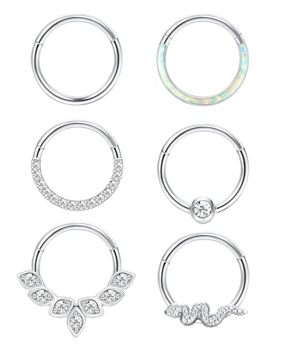 JeryWe 16G 6Pcs Septum Ringe Nase Ringe Hoop für Frauen Chirurgenstahl Opal Blume Schlange CZ nahtlose Clicker Septum Schmuck 8MM von JeryWe