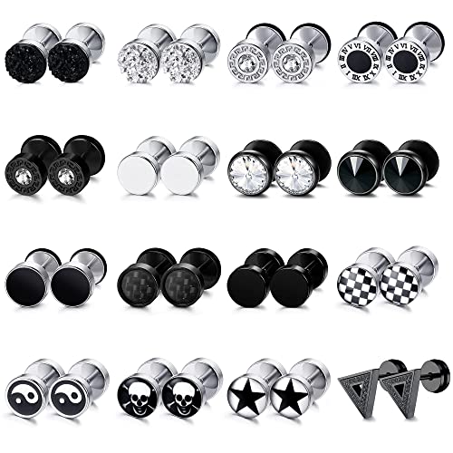 JeryWe 16Paare Ohrringe Ohrstecker Herren Männer Edelstahl 8mm Fake Plugs Ohrringe Schwarz Silber Ohr Tunnel Ohrringe Piercing,Runde Schraube Barbell Ohrstöpsel Faux Gauges stil A von JeryWe