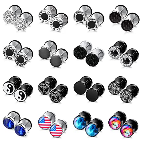 JeryWe 16Paare Ohrringe Ohrstecker Herren Männer Edelstahl 8mm Fake Plugs Ohrringe Schwarz Silber Ohr Tunnel Ohrringe Piercing,Runde Schraube Barbell Ohrstöpsel Faux Gauges stil B von JeryWe