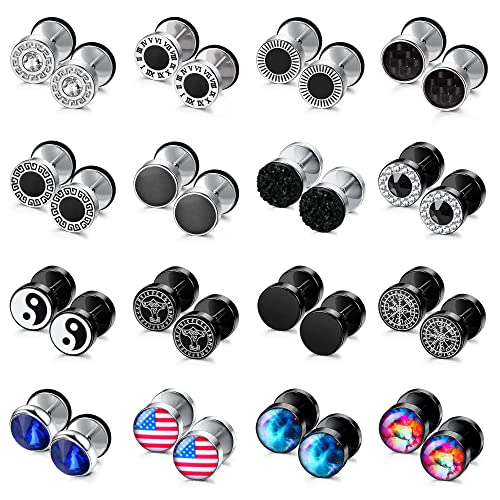 16paare Ohrringe Herren Ohrstecker Schwarz Edelstahl Ohrringe Männer Silber Hypoallergen Piercing Ohr Schwarz Fake Plugs Tunnel Piercings Faux Gauges Herrenohrringe Set von JeryWe