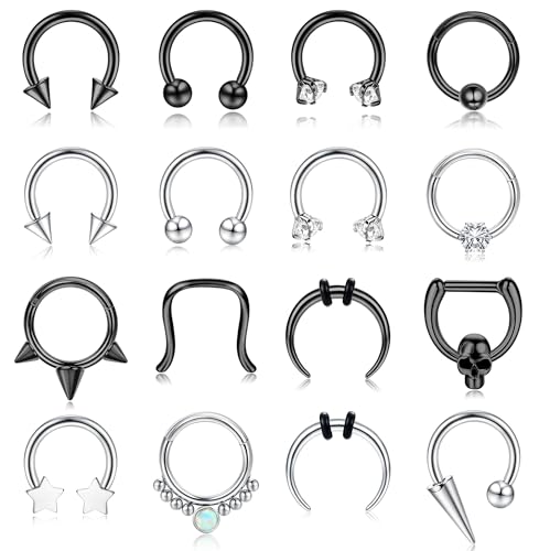 JeryWe 16Pcs 16G Septum Ringe für Frauen Männer Chirurgenstahl Hufeisen Nase Ringe CZ Opal Knorpel Helix Daith Tragus Lip Ringe Scharnier nahtlose Septum Piercing Schmuck 10MM von JeryWe