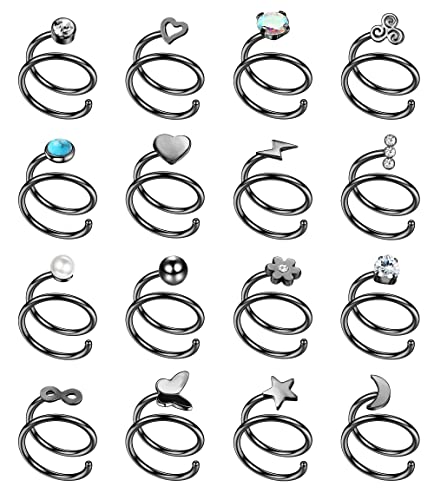 JeryWe 16Stück 20G Nasenringe Piercing Hoop Frauen Männer Edelstahl Nasenbügel Doppelnasenring Knorpel Helix Ohrringe Doppelt Spiral Hoop Lippe Peal CZ Schmetterling Herz Piercingschmuck 8mm Schwarz von JeryWe