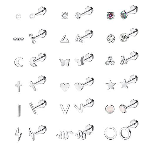 JeryWe 18 Paar 18G Edelstahl Ohrstecker Piercing Für Damen Knorpelohrringe Kleine Schraube Flache Rückseite Ohrringe Ohrpiercing Set Kreuz Mond Stern Tragus Helix Piercing Ohr Gold von JeryWe