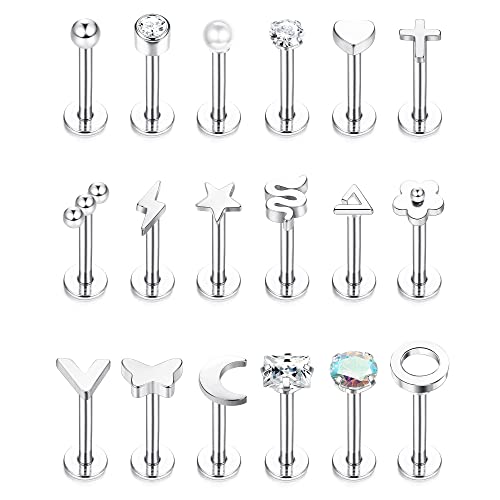 JeryWe 18Pcs 16G Lippenpiercing Stud Set Chirurgenstahl für Damen Herren Labret Piercing Stecker Ohrring Tragus Helix Conch Knorpel Piercing Ohr Labret Piercing Innengewinde 6mm SILBER von JeryWe