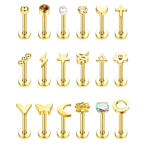 JeryWe 18Pcs 16G Lippenpiercing Stud Set Chirurgenstahl für Damen Herren Labret Piercing Stecker Ohrring Tragus Helix Conch Knorpel Piercing Ohr Labret Piercing Innengewinde 8mm Gold von JeryWe
