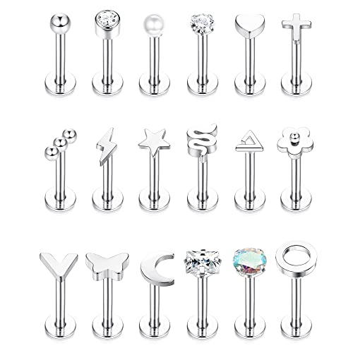 JeryWe 18Pcs 16G Lippenpiercing Stud Set Chirurgenstahl für Damen Herren Labret Piercing Stecker Ohrring Tragus Helix Conch Knorpel Piercing Ohr Labret Piercing Innengewinde 8mm Silber von JeryWe