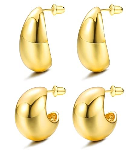 JeryWe 2 Paar Ohrringe Dupes Gold Creolen für Damen Hypoallergene Wassertropfen Offene Hohle Reifen mit 18K Gold plattiert Leichtes Gewicht Trendy-Schmuck Chunky Modeschmuck von JeryWe