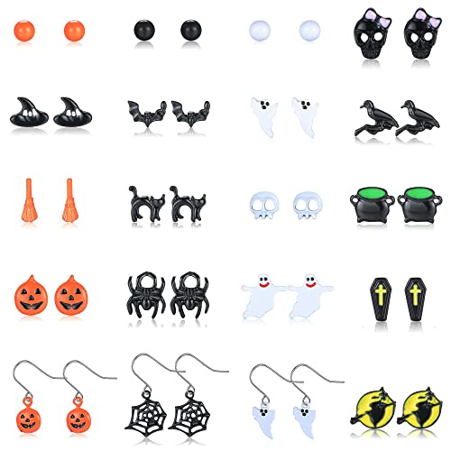 JeryWe Halloween-Ohrstecker-Set, Fledermaus, Katze, Spinne, Kürbis, Ohrstecker-Set für Damen, Teenager, Halloween, Mottoparty-Schmuck, 20 Paar, Kunststoff von JeryWe