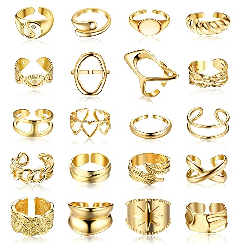 JeryWe 20 Stücke Damen Gold Ringe Set Boho Vintage Offene Chunky Fingerringe Set für Frauen Mädchen Verstellbar Stapelringe Knöchel Ring Vintage Punk Hohle Geknotet Feder Midi Bandring von JeryWe